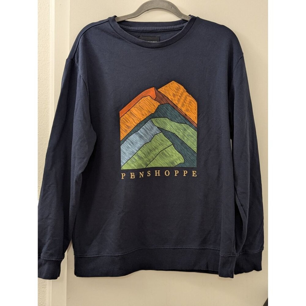 Penshoppe Navy Sweatshirt With Multicolor Mountain Print Graphic Relaxed Fit L